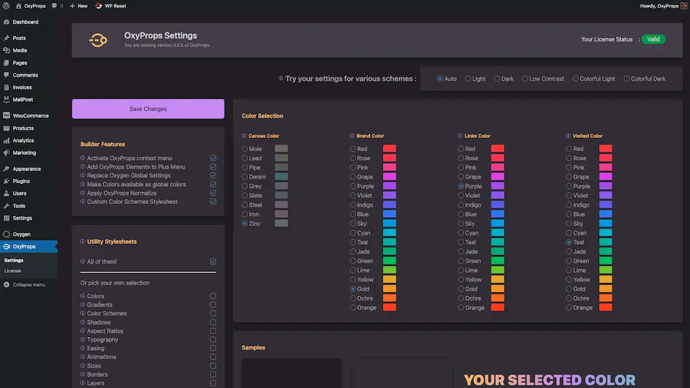 OxyProps plugin dashboard screenshot showing the choice of UI colors